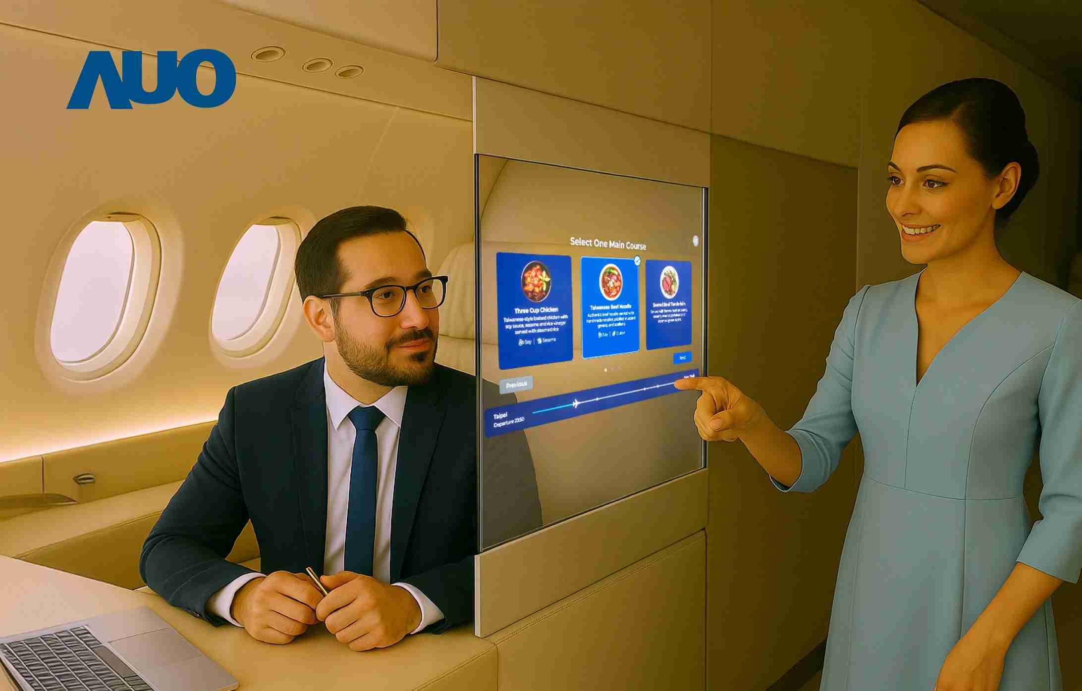 万利研发全球最薄17.3 吋双面透明 Micro LED 显示器，，，，可在同一屏幕之双边投射不同信息，，，创造独特的”透明化”互动；图为实时翻译交流应用情境